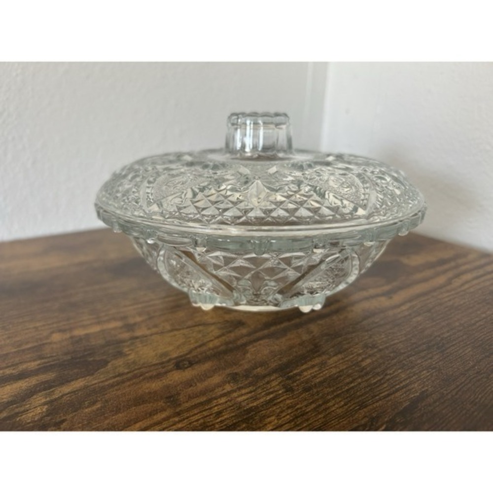 Vintage‎ KIG Malaria Crystal Clear Depression Glass Candy Trinket Dish W/Lid